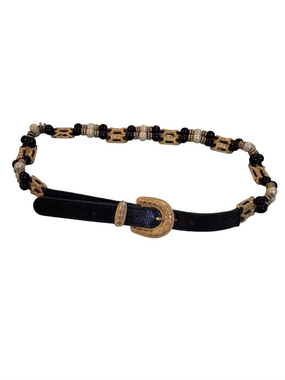 Gold Buckle Black Beaded Fashion Belt - Women Accessories